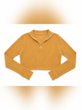 SO Mustard Cropped Half-Zip Waffle Knit Top